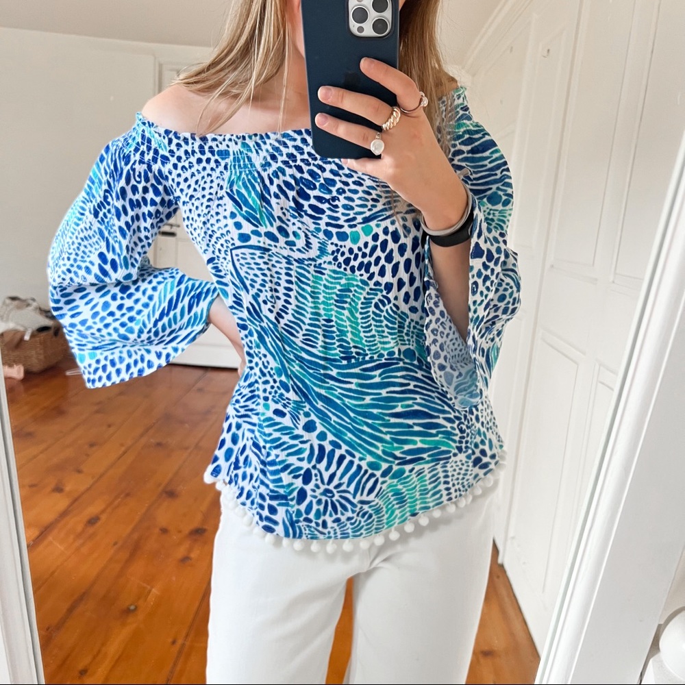 Likly Pulitzer Off the Shoulder Nita Blue and White Pom Pom Bell Sleeve Top